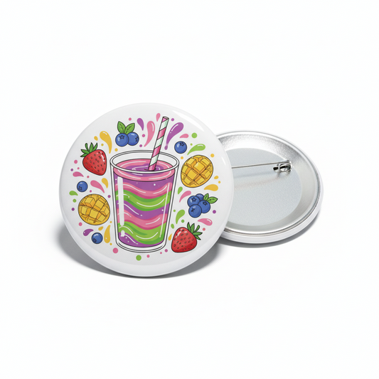 2.25-inch round smoothie pinback with colorful fruit and straw drink illustration