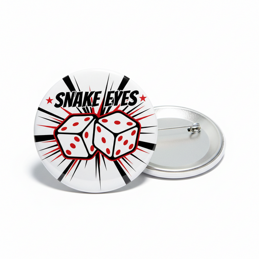Snake Eyes 2.25-inch Pin Button, round white design with red dice graphic