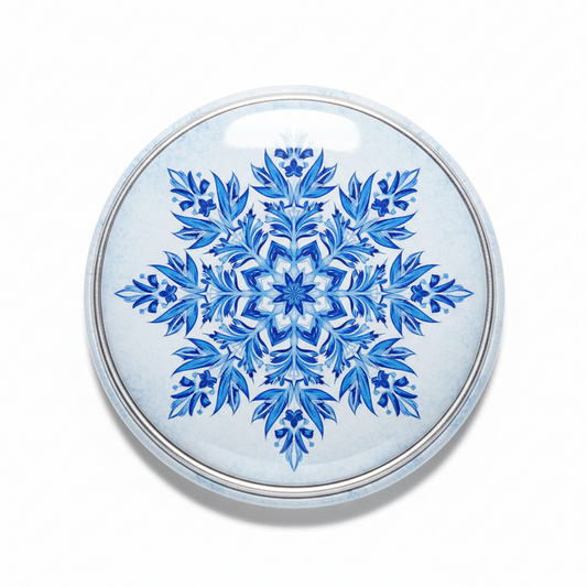 2.25-inch blue snowflake round Pin Button with silver-tone metal rim