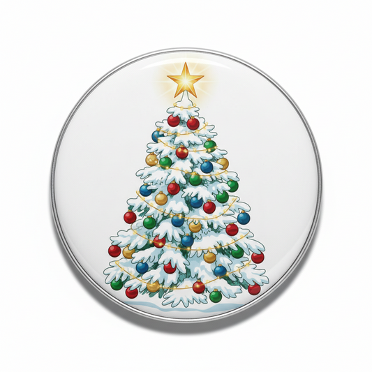 Snowy Christmas tree Pin Button with colorful ornaments and gold star topper