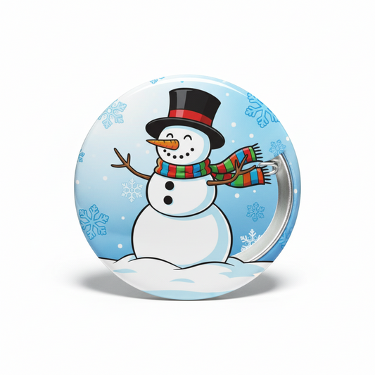 Snowman Pin Button, 2.25-inch round with top hat and scarf illustration