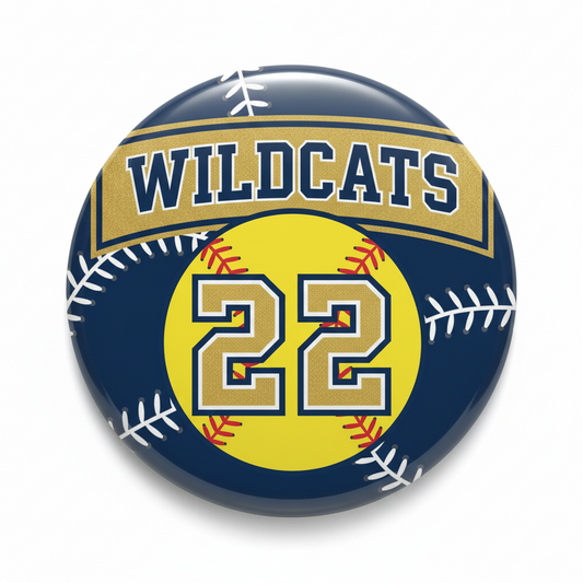 Softball jersey number photo pinback button with Wildcats logo and 22