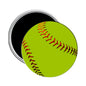 Round green softball refrigerator magnet with red stitched seam