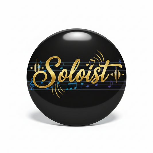 Round pinback badge, black with gold Soloist lettering and music notes