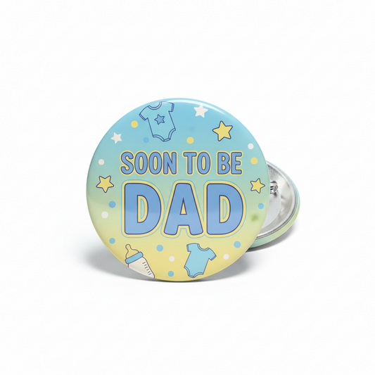 Round blue soon to be Dad announcement pin with stars and baby icons