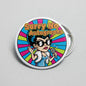 Round pinback button: 'Sorry No Autographs' cartoon with microphone