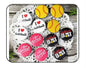 Set of 12 round softball pinback buttons, red, pink, yellow, with I Love Softball text