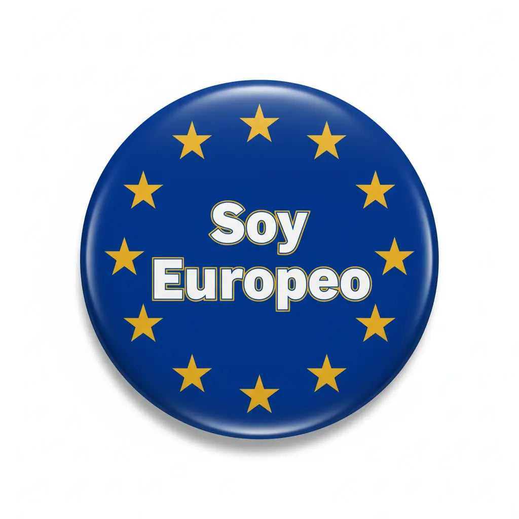 Round Soy Europeo pinback button, blue with yellow stars and white text