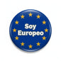 Round Soy Europeo pinback button, blue with yellow stars and white text