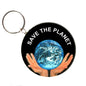 2.25-inch planet-themed keychain with black round badge, blue Earth and hands