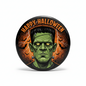 Halloween pinback button, green Frankenstein face with orange flames and 'Happy Halloween' text