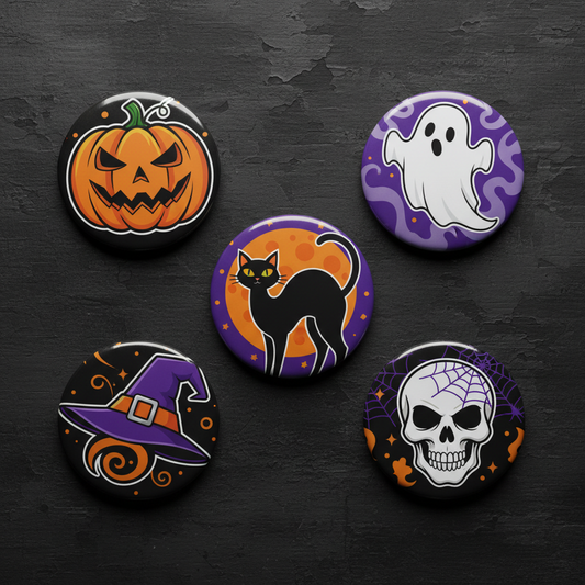 Set of 5 spooky Halloween button pinbacks with pumpkin, ghost, cat, witch, skull