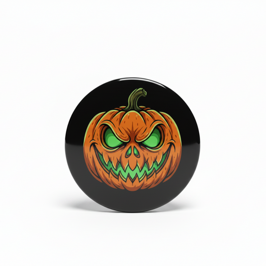 A round black Pin Button featuring a cartoon jack-o'-lantern pumpkin illustration with glowing green eyes and a carved orange face, shown on a white background.