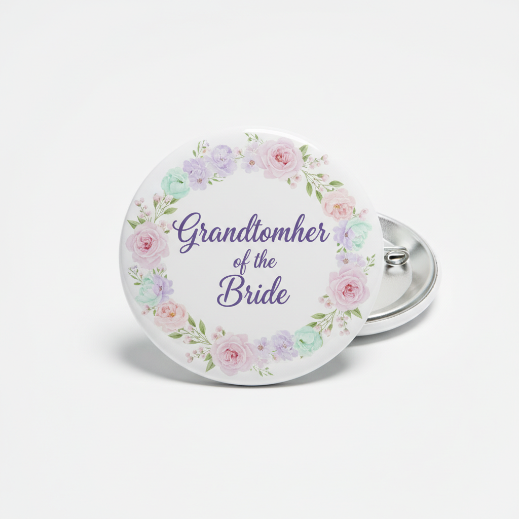 Round floral pinback button with pastel roses, 'Grandmother of the Bride'.