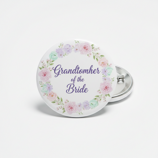 Round floral pinback button with pastel roses, 'Grandmother of the Bride'.