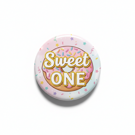 Sweet ONE donut birthday pinback button with colorful sprinkles, round 2.25-inch