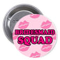 Bridesmaid Squad lips slogan pinback button, pink and black text, 1.25-inch