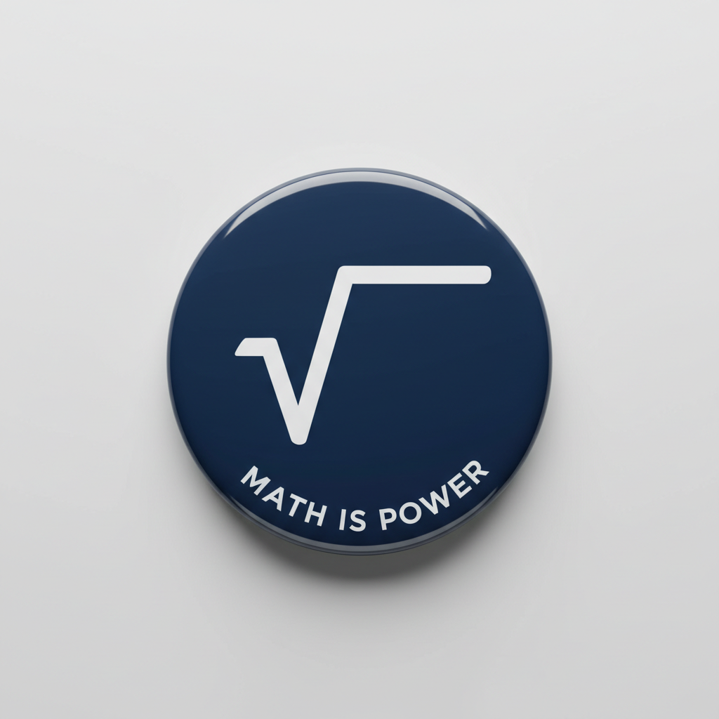 Button badge with square root symbol and 'Math is Power' text on a gray background