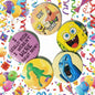 Multiple round pinback buttons with SpongeBob characters, colorful faces and speech text.