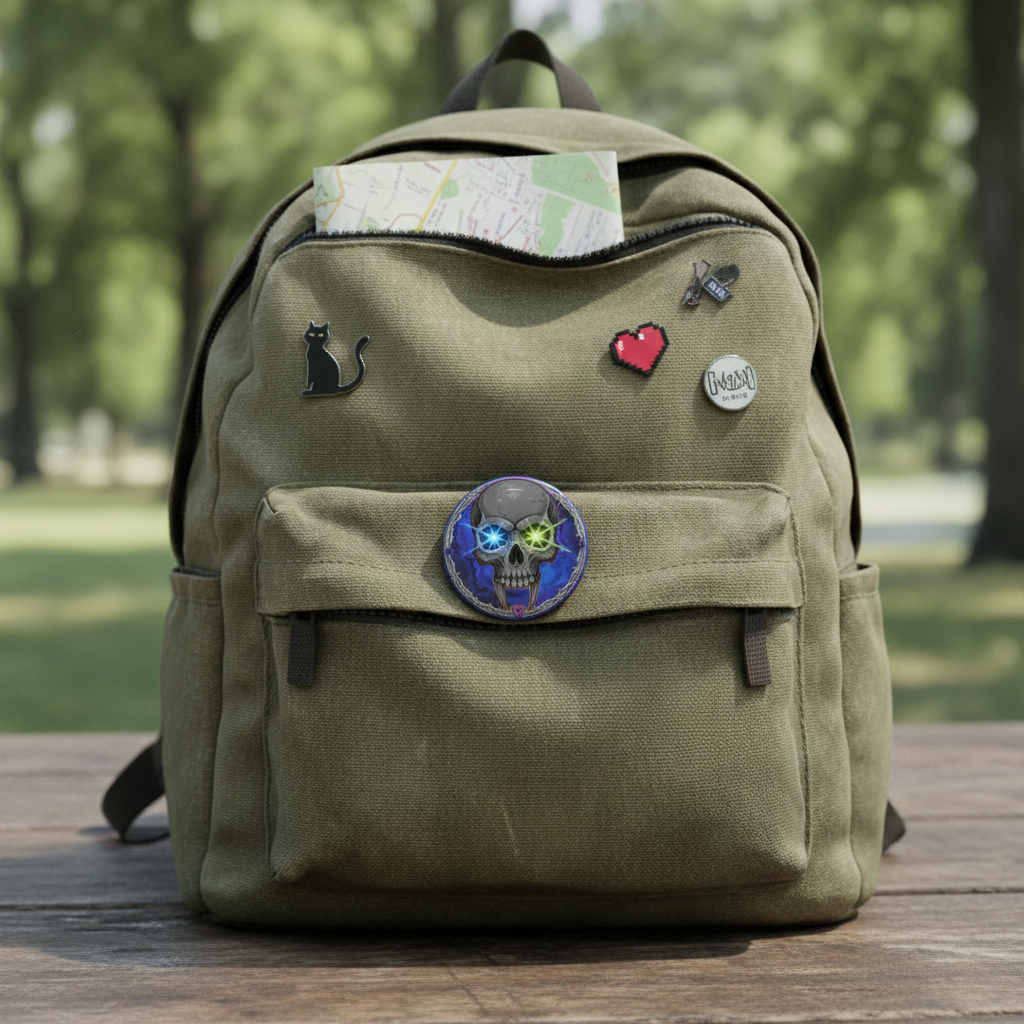 Round skull pinback badge on backpack front, blue and green glowing star eyes