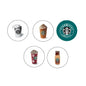 Set of 5 Starbucks round pinback buttons with assorted coffee drink cup designs