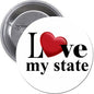 Round pinback button showing Love my state text with red heart