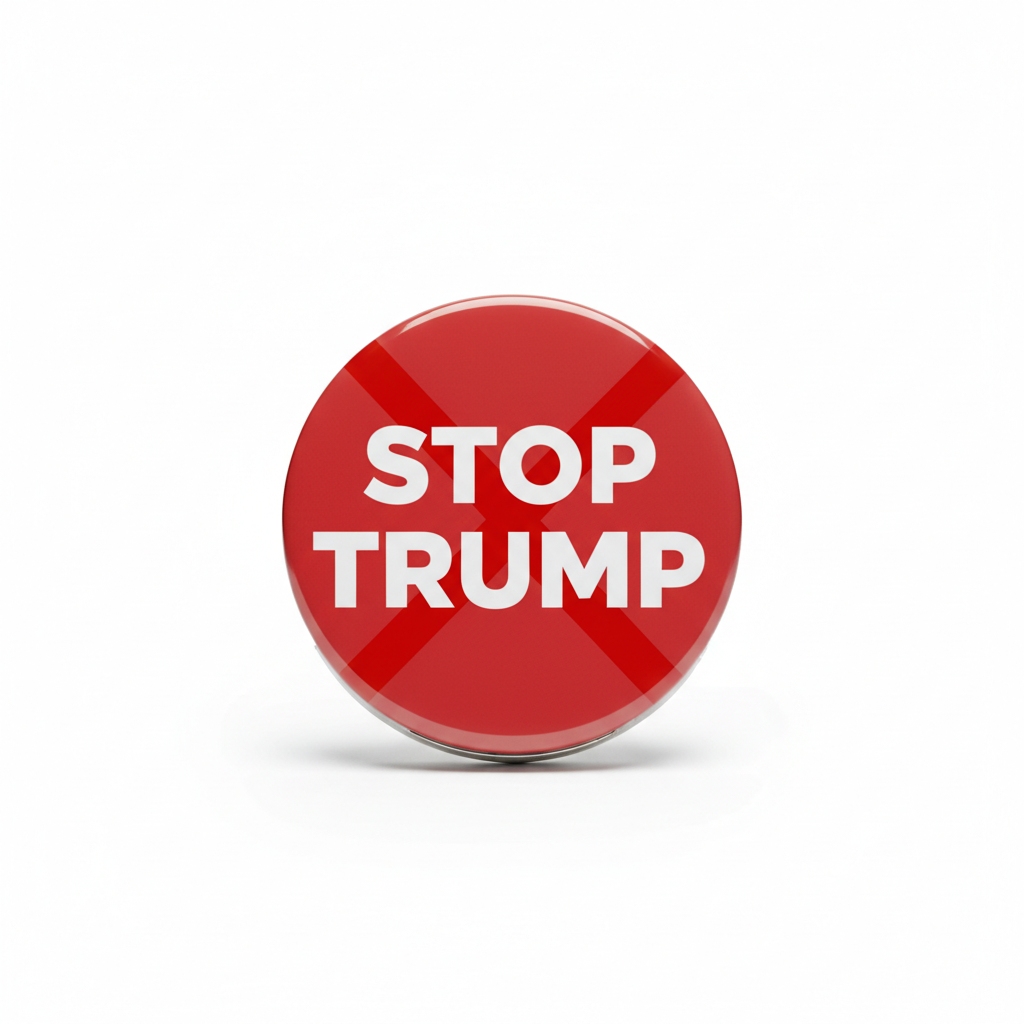 Red round pinback button with white “STOP TRUMP” text
