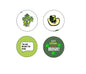 Round slogan pinback buttons set with Irish-themed clover and mug designs