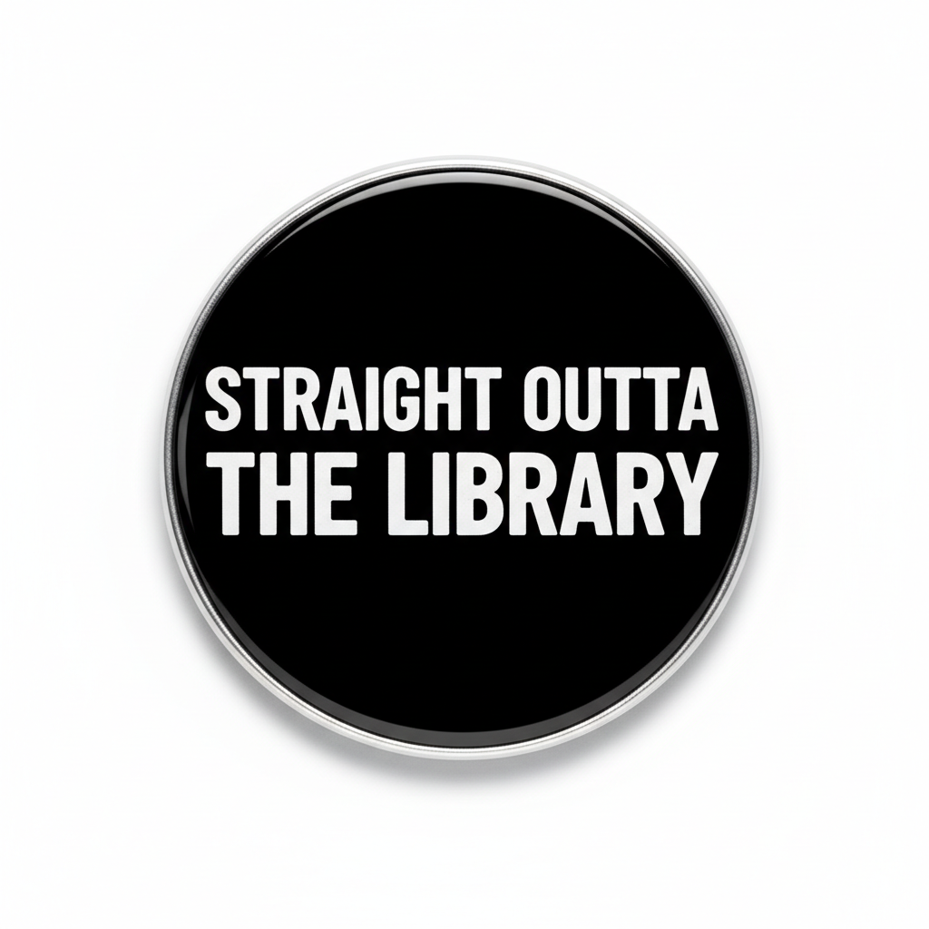 2.25-inch black round pinback button with white 'STRAIGHT OUTTA THE LIBRARY' text