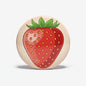 Strawberry pinback button, 2.25-inch, red fruit with green leaves and yellow seeds