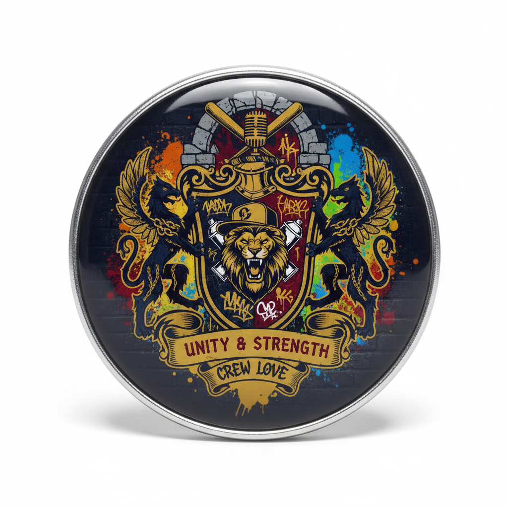 Round crest pinback with colorful family coat of arms design