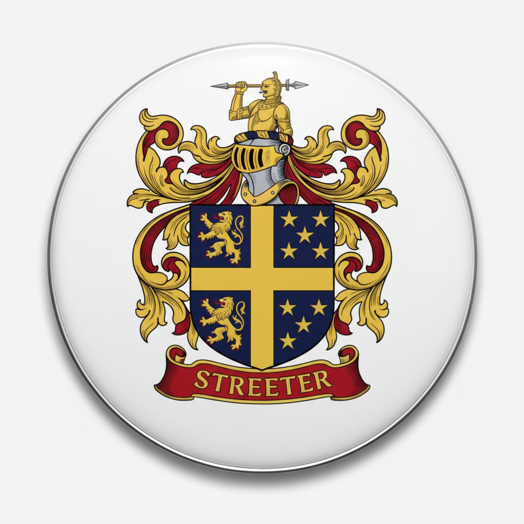 Family crest coat of arms pinback, circular gold and blue shield with red banner