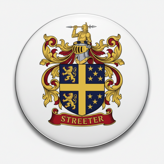 Family crest coat of arms pinback, circular gold and blue shield with red banner