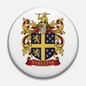 Family crest coat of arms pinback, circular gold and blue shield with red banner