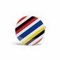 Round pinback button with diagonal multicolor stripes and silver metal pin clasp