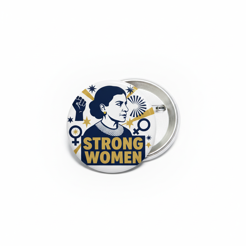 2.25-inch pinback button with Strong Women portrait design, round silver backing