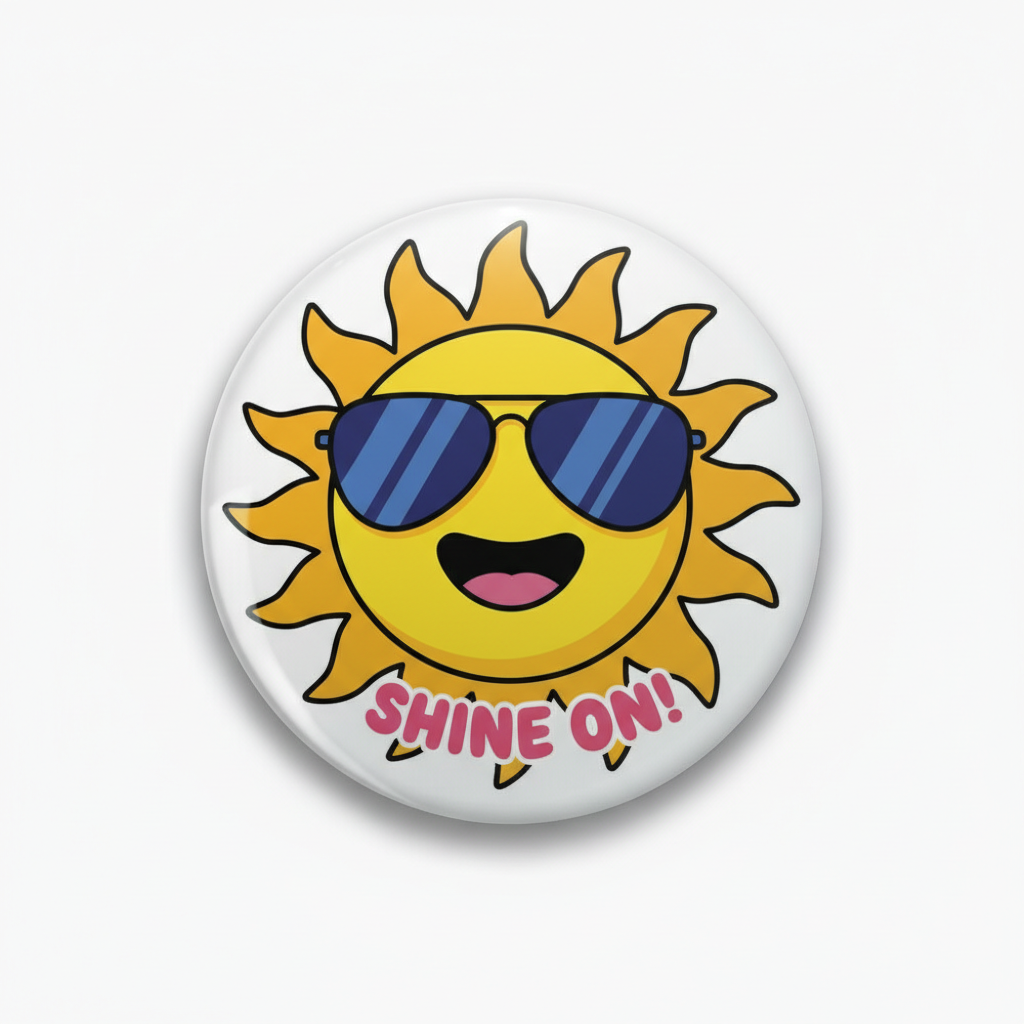 A round pin-back button badge featuring a cartoon sun with blue sunglasses and the text 'SHINE ON!' in pink, shown on a light gray background.