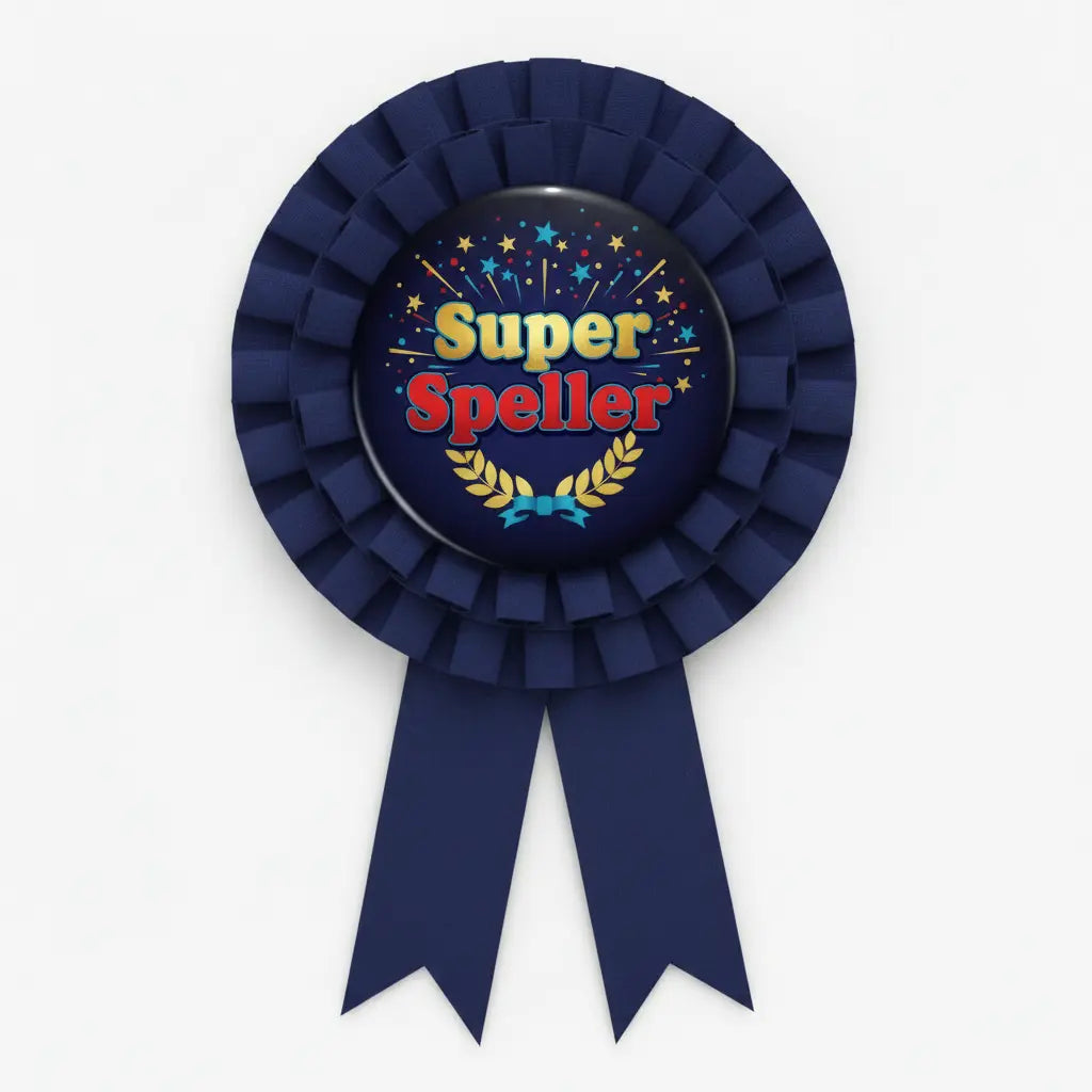Navy rosette ribbon pin with circular Super Speller badge and two tails