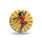 Round 2.25-inch superhero girl pinback with red-clad heroine on yellow burst design