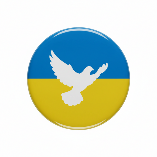Round blue-and-yellow flag dove enamel pin, white peace dove silhouette in center
