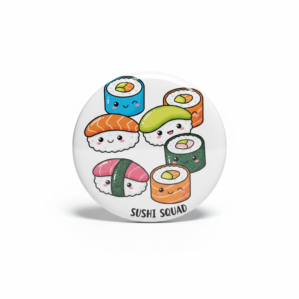 Round sushi pinback button with cartoon nigiri and maki, text 'SUSHI SQUAD'