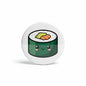 Round white sushi roll button pinback with cartoon sushi face and salmon topping