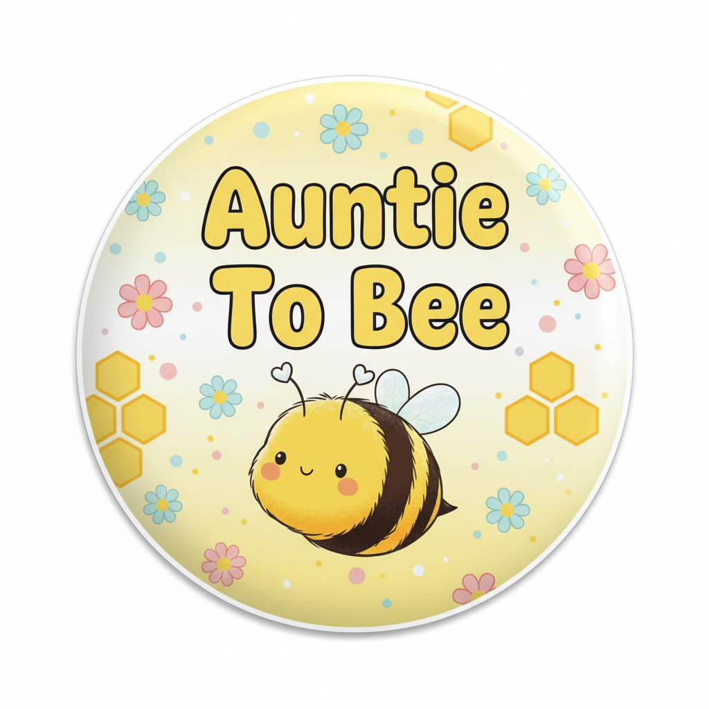 Auntie To Bee bee cartoon pinback button with flowers, 2.25-inch round badge