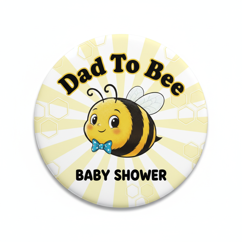 Round pinback button with cartoon bee, blue bow, and text 'Dad To Bee' 'Baby Shower'