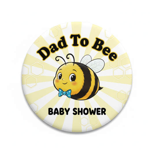 Round pinback button with cartoon bee, blue bow, and text 'Dad To Bee' 'Baby Shower'