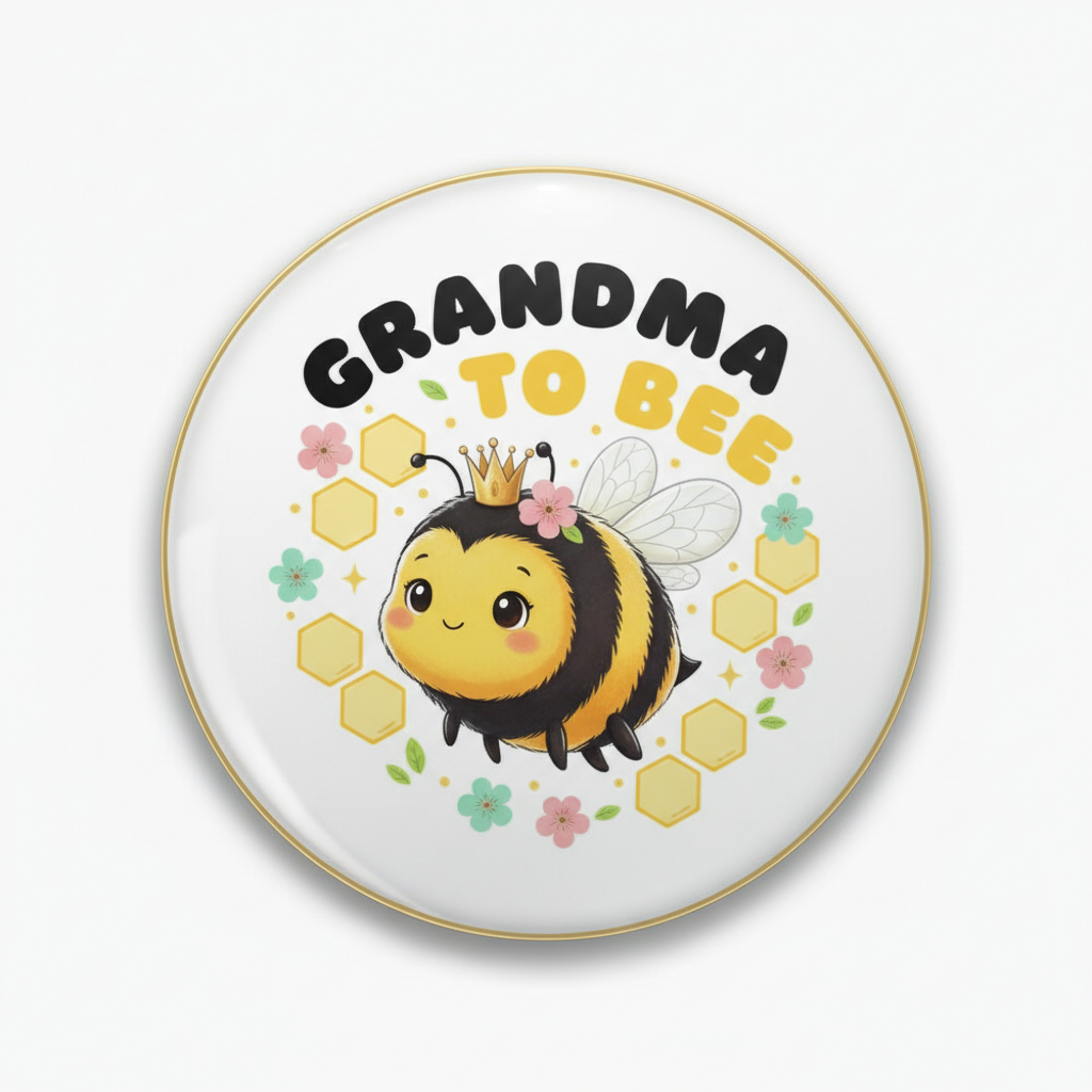 Round pinback button with cute bee graphic and text “GRANDMA TO BEE”