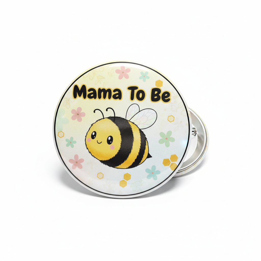 Bee-themed pinback button with bumblebee and “Mama To Be” text