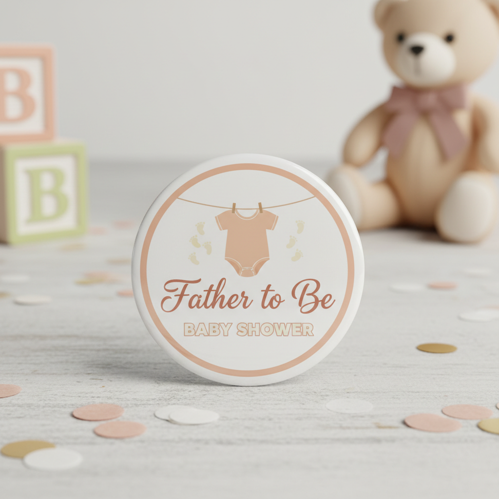 Round baby shower pinback with onesie graphic and 'Father to Be' lettering
