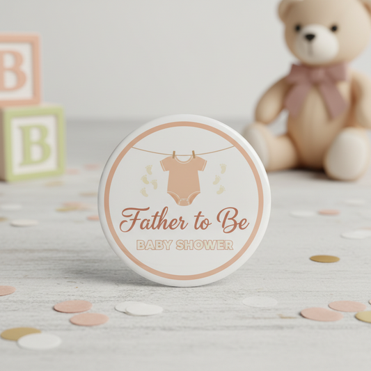 Round baby shower pinback with onesie graphic and 'Father to Be' lettering