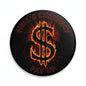 Black round 2.25-inch pinback button with flaming dollar sign and red lettering